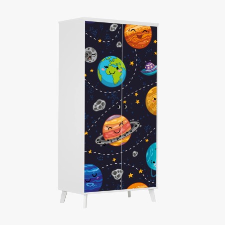 Wardrobe sticker smiling planets in playful space pattern • Wallissimo®