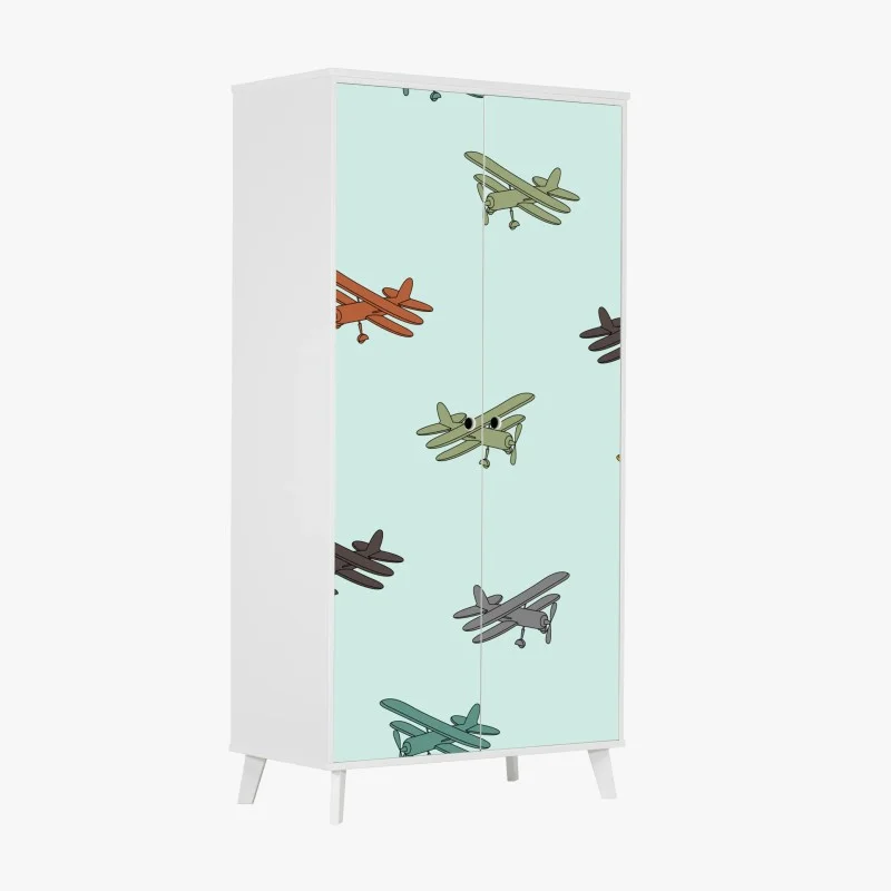 Wardrobe sticker vintage biplane pattern on turquoise background