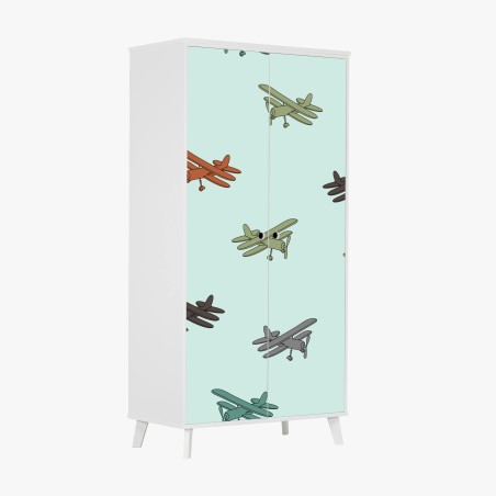Wardrobe sticker vintage biplane pattern on turquoise background • Wallissimo®