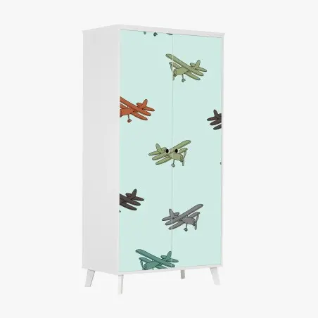 Wardrobe sticker vintage biplane pattern on turquoise background • Wallissimo®