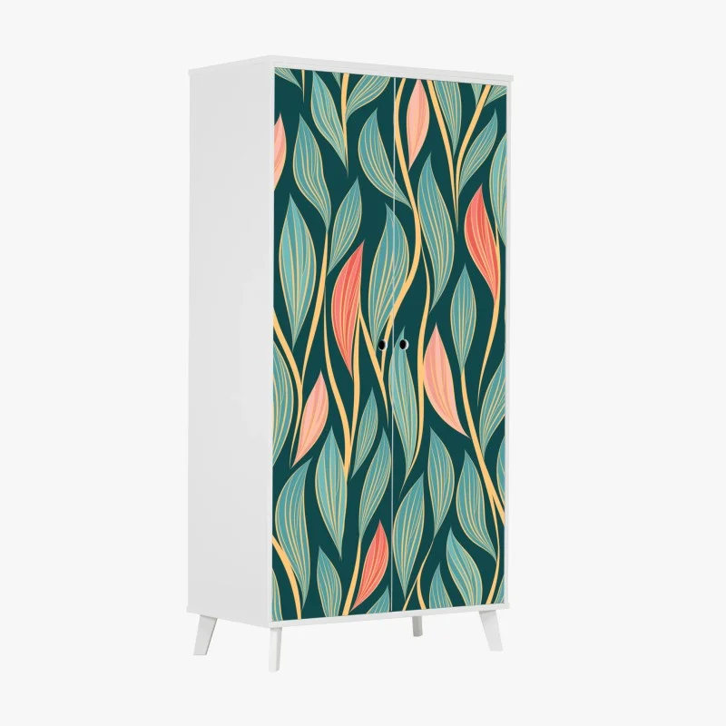 Wardrobe sticker botanical leaf pattern in teal and coral