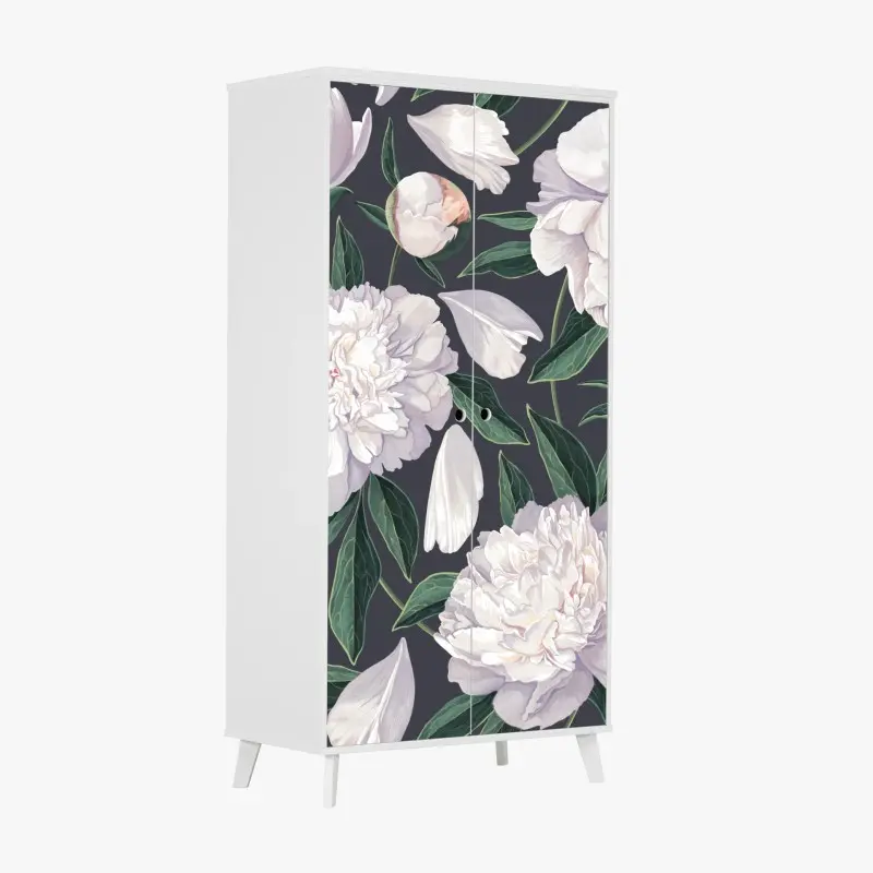 Wardrobe sticker white peony floral pattern on charcoal background