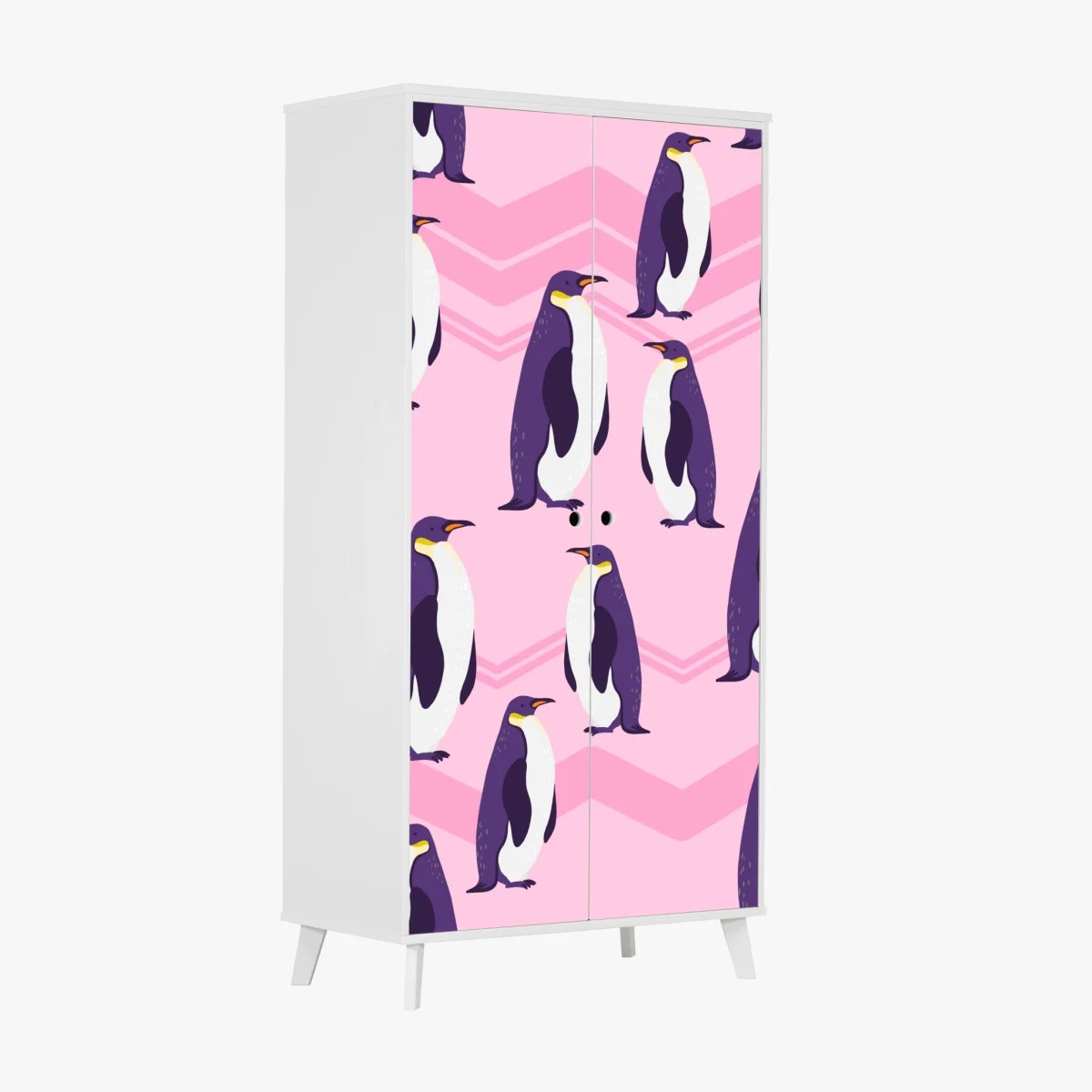 Wardrobe sticker playful purple penguin pattern on pink background • Wallissimo® Wardrobe sticker playful purple penguin pattern on pink background • Wallissimo®