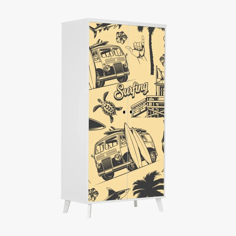 Wardrobe sticker retro surf pattern with van and waves