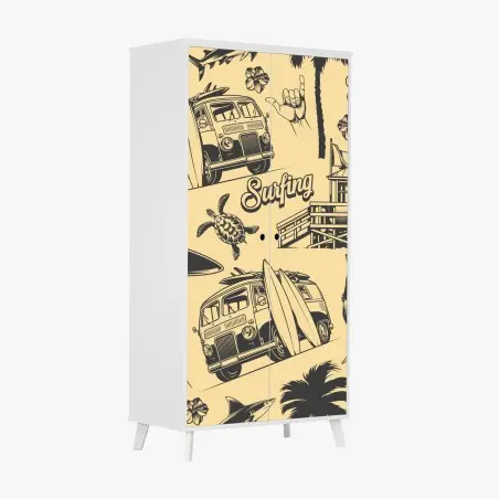 Wardrobe sticker retro surf pattern with van and waves • Wallissimo®
