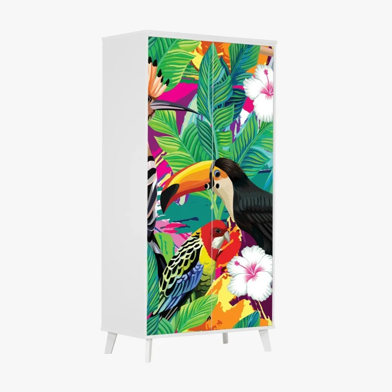 Wardrobe sticker vibrant tropical birds jungle scene