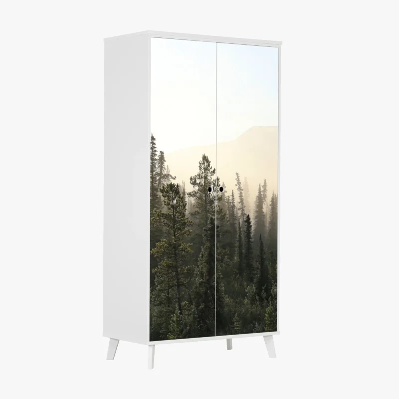 Wardrobe sticker misty pine forest at sunrise
