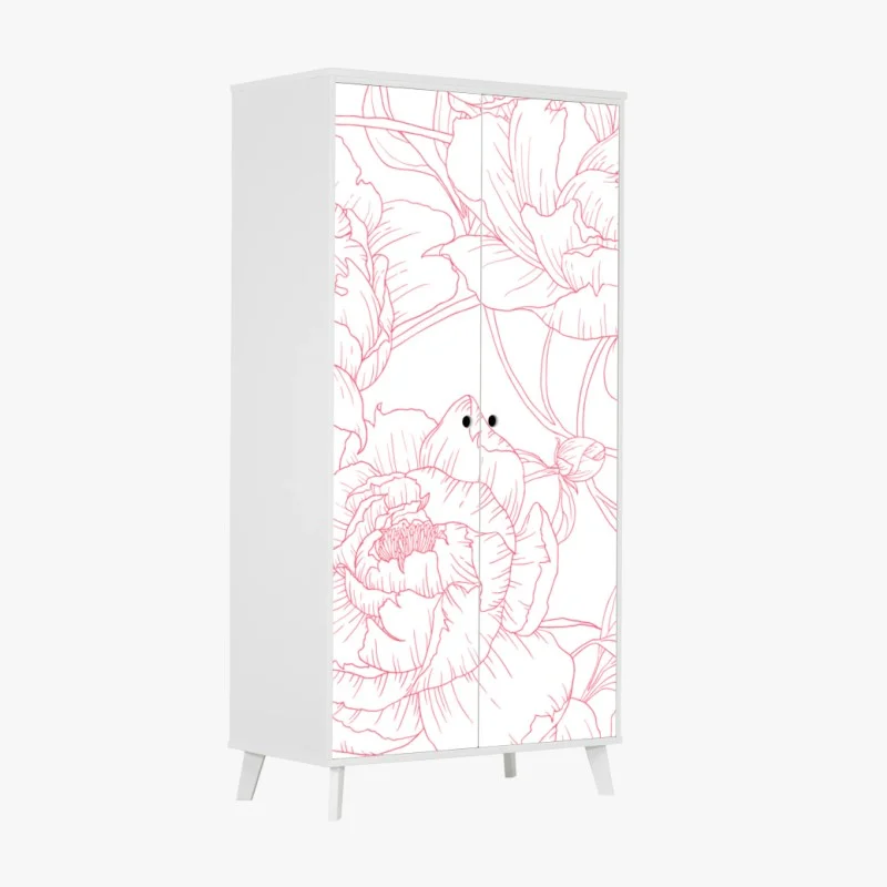 Wardrobe sticker delicate pink peony line art pattern