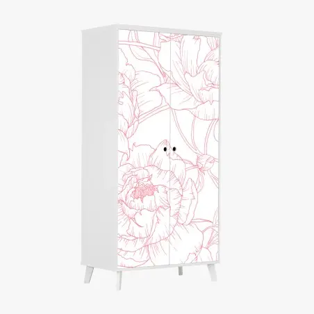 Wardrobe sticker delicate pink peony line art pattern • Wallissimo®