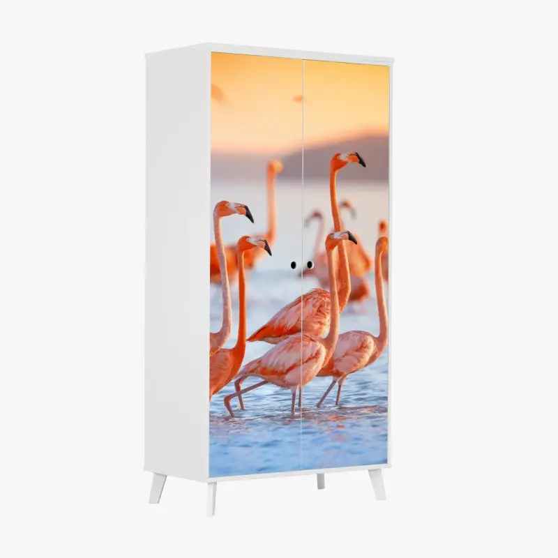 Wardrobe sticker pink flamingos at sunset