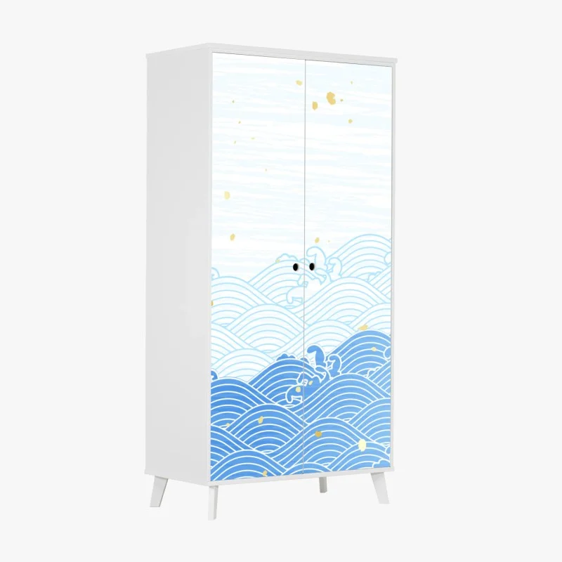 Wardrobe sticker calm blue waves with gold accents