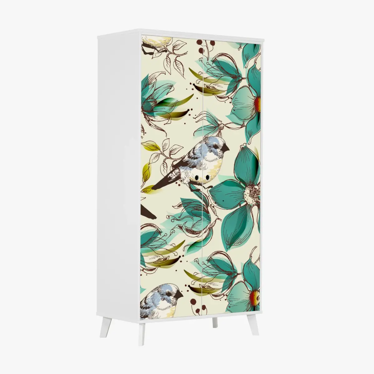 Wardrobe sticker retro teal floral and bird pattern • Wallissimo® Wardrobe sticker retro teal floral and bird pattern • Wallissimo®