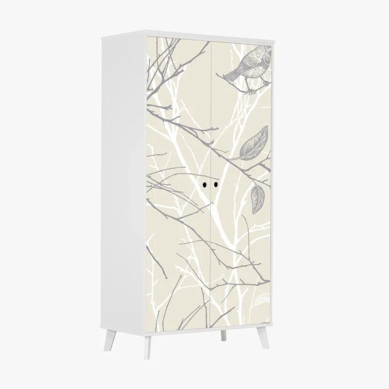 Wardrobe sticker soft beige bird and branch pattern