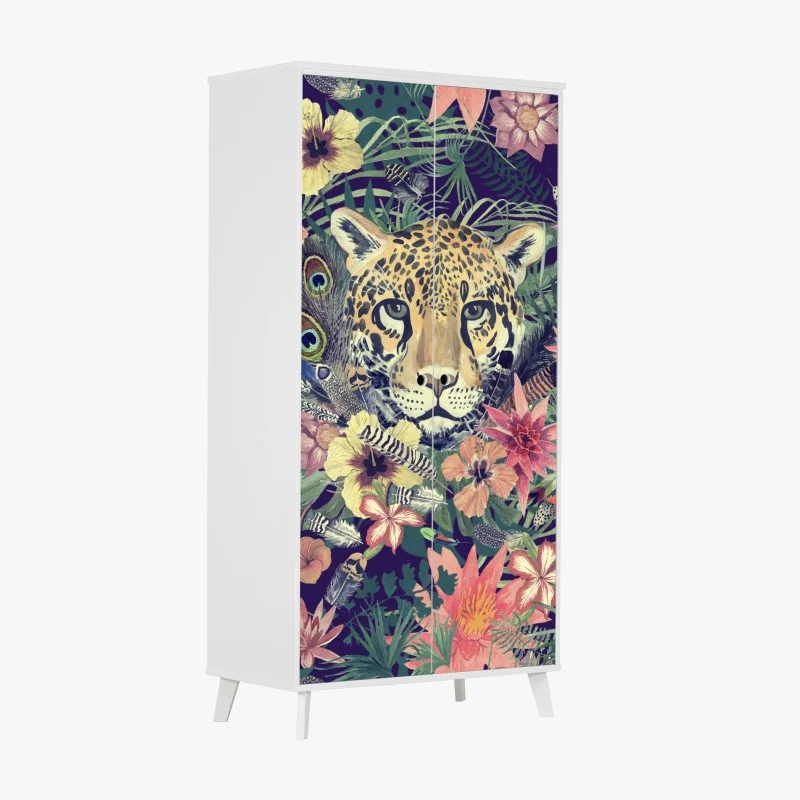 Wardrobe sticker vintage watercolor leopard in tropical foliage