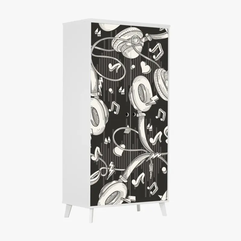 Wardrobe sticker monochrome headphones and music notes pattern