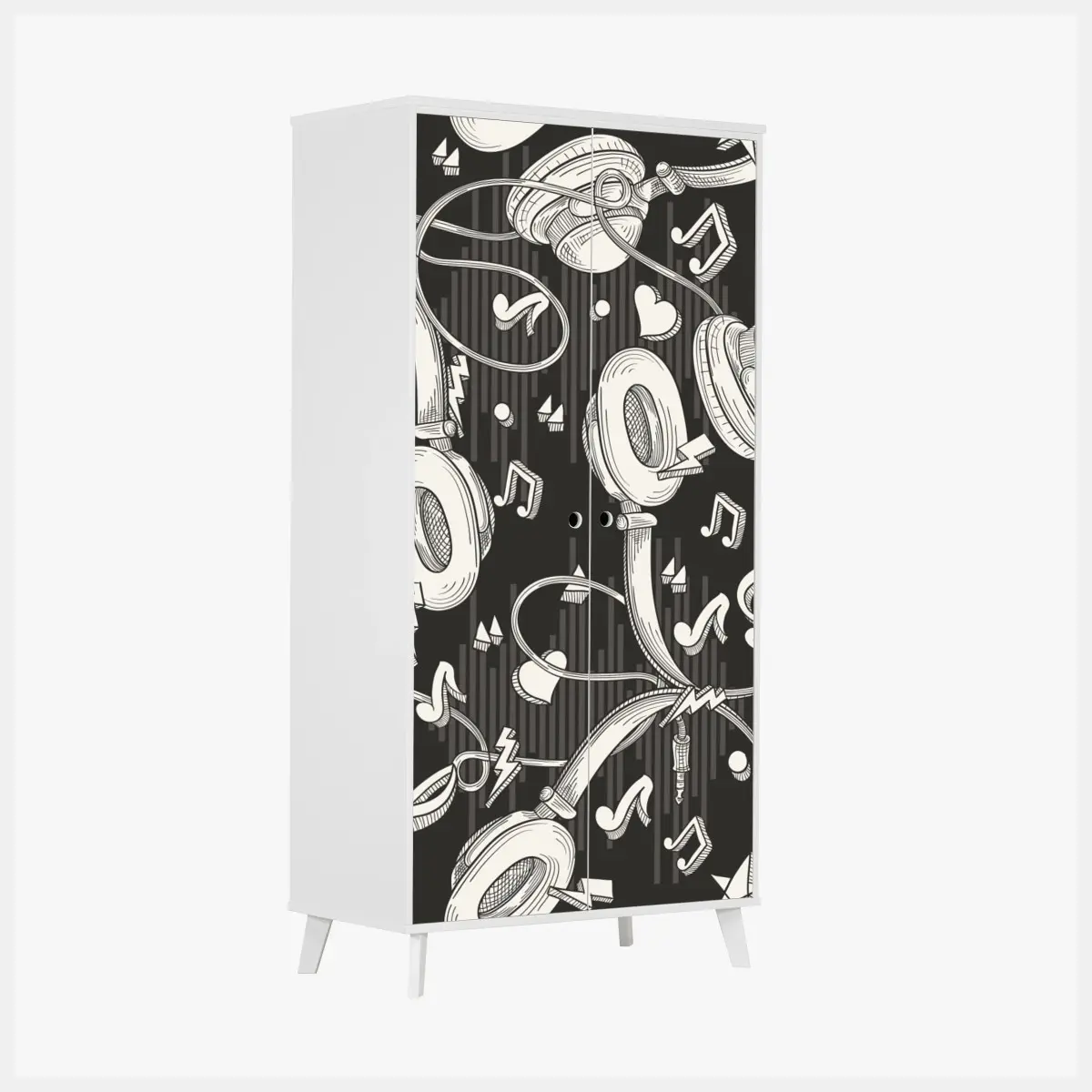 Wardrobe sticker monochrome headphones and music notes pattern • Wallissimo® Wardrobe sticker monochrome headphones and music notes pattern • Wallissimo®