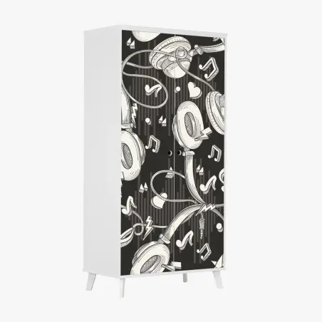 Wardrobe sticker monochrome headphones and music notes pattern • Wallissimo®