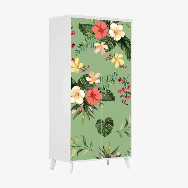 Wardrobe sticker green tropical hibiscus pattern