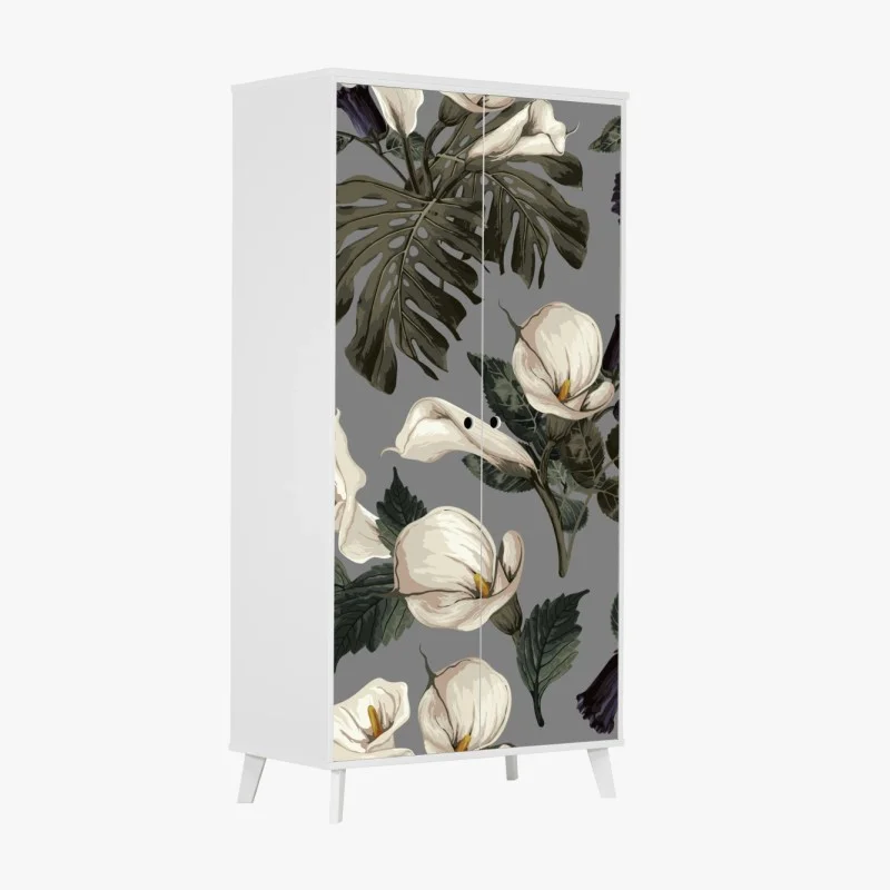 Wardrobe sticker vintage calla lily floral pattern on gray