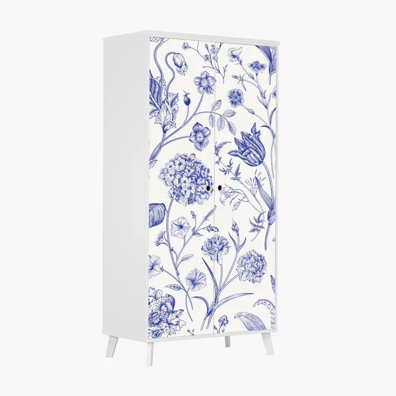 Wardrobe sticker classic blue toile floral pattern