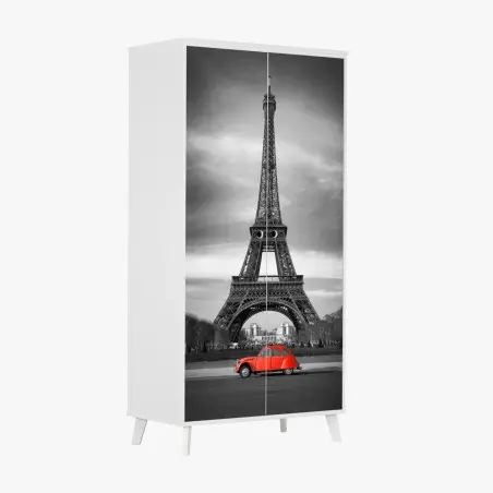 Wardrobe sticker Eiffel Tower with red vintage car • Wallissimo®