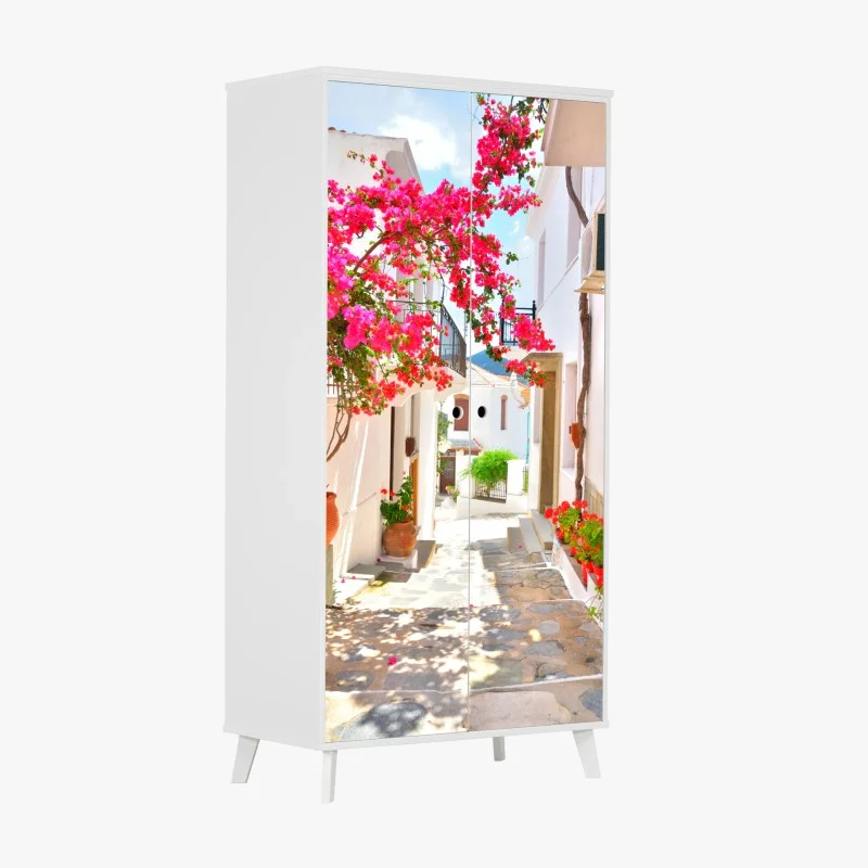 Wardrobe sticker sunlit mediterranean alley with bougainvillea