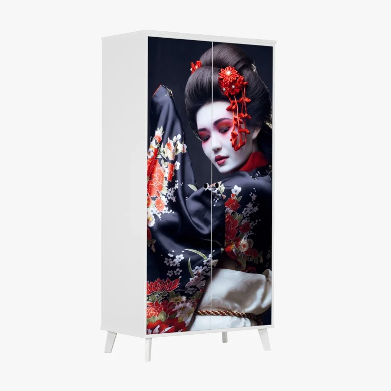 Wardrobe sticker elegant geisha portrait in red and black kimono