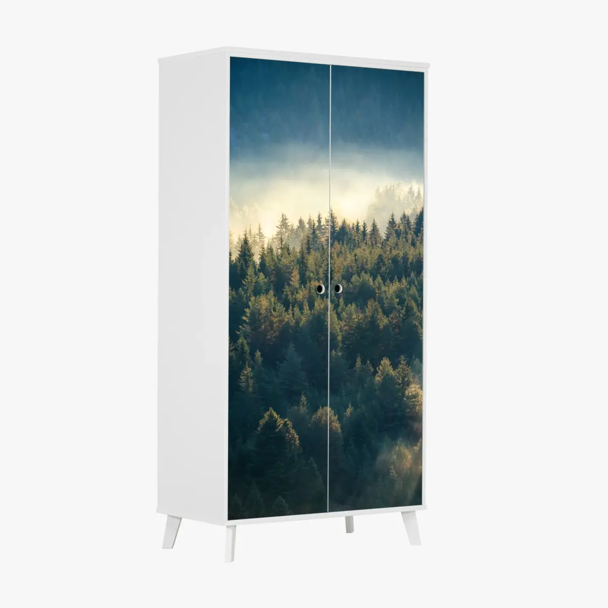 Wardrobe sticker misty pine forest at dawn • Wallissimo® Wardrobe sticker misty pine forest at dawn • Wallissimo®