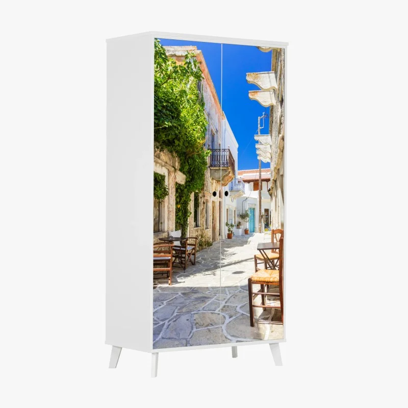 Wardrobe sticker sunlit Mediterranean alley with cafe chairs