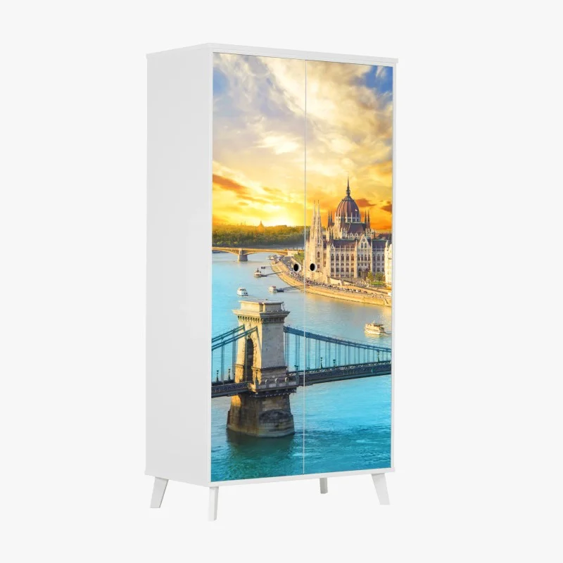 Wardrobe sticker sunset over Budapest skyline with Chain Bridge