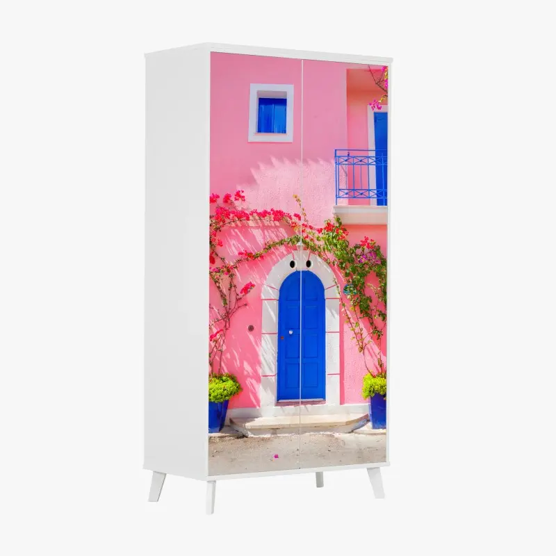 Wardrobe sticker vibrant pink facade with blue door