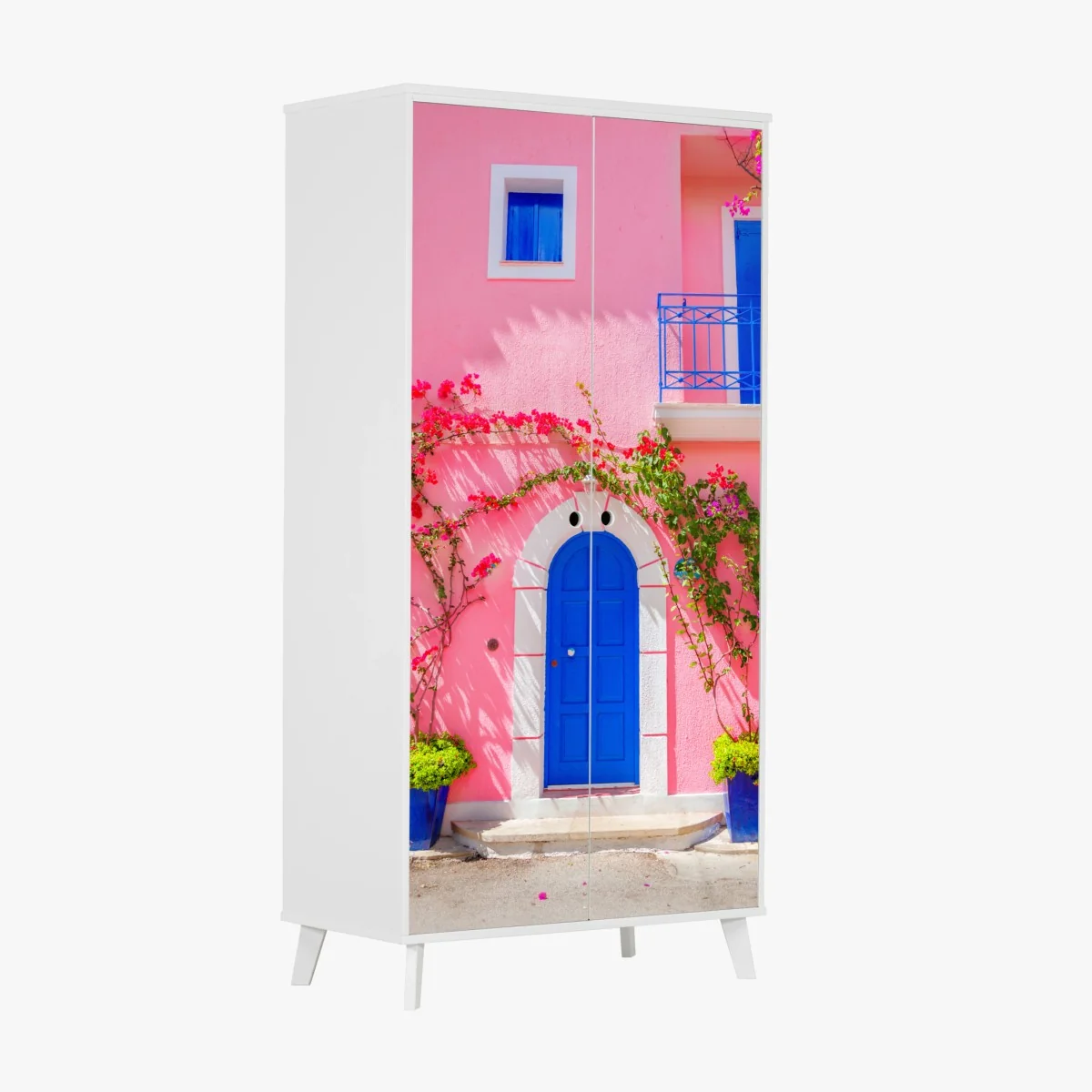 Wardrobe sticker vibrant pink facade with blue door ⁕ Wallissimo® Wardrobe sticker vibrant pink facade with blue door ⁕ Wallissimo®