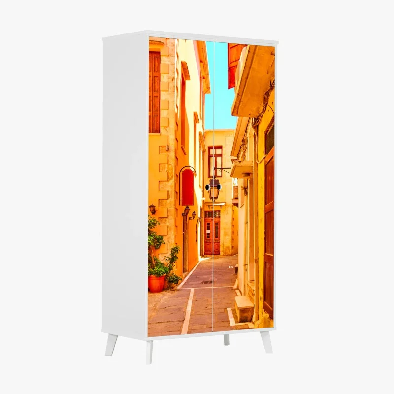 Wardrobe sticker sunlit yellow street in Rethymno, Crete