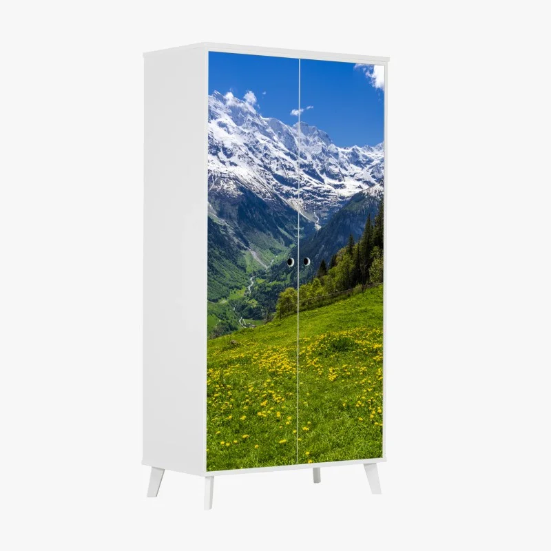 Wardrobe sticker alpine spring meadow under snowy peaks