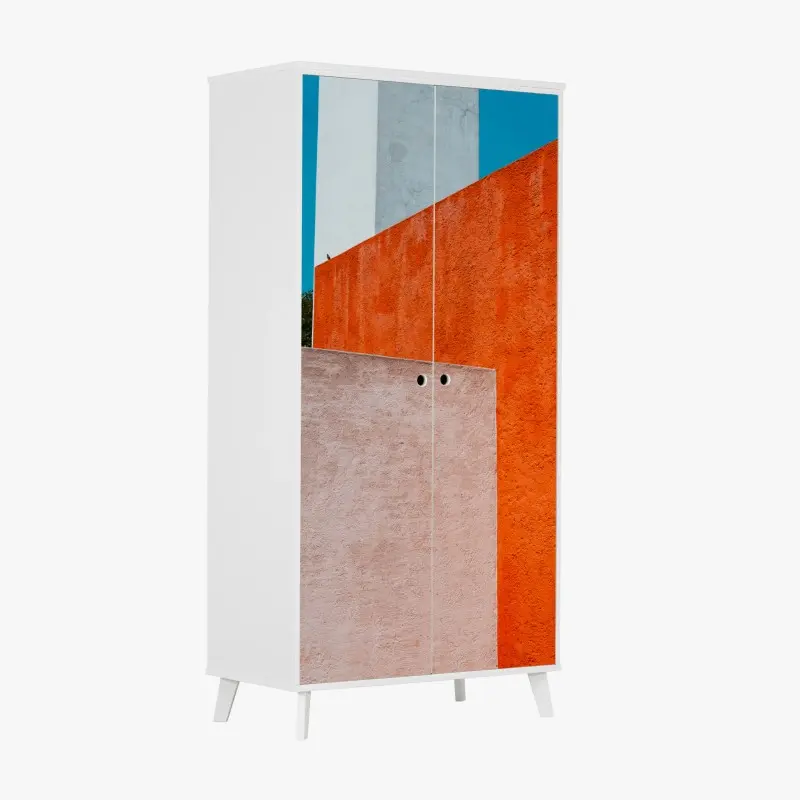 Wardrobe sticker bold geometric facade in orange and turquoise