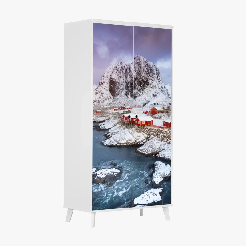 Wardrobe sticker red coastal cabins beneath snowy mountain