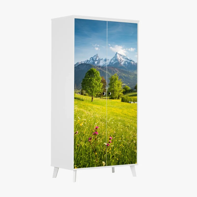 Wardrobe sticker alpine spring meadow beneath snowcapped peaks