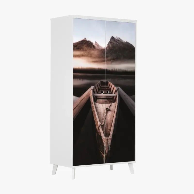 Wardrobe sticker misty mountain boat at dawn