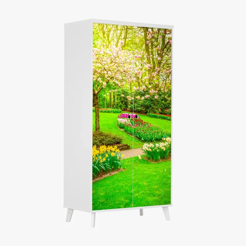 Wardrobe sticker spring garden bloom: tulips and cherry blossoms