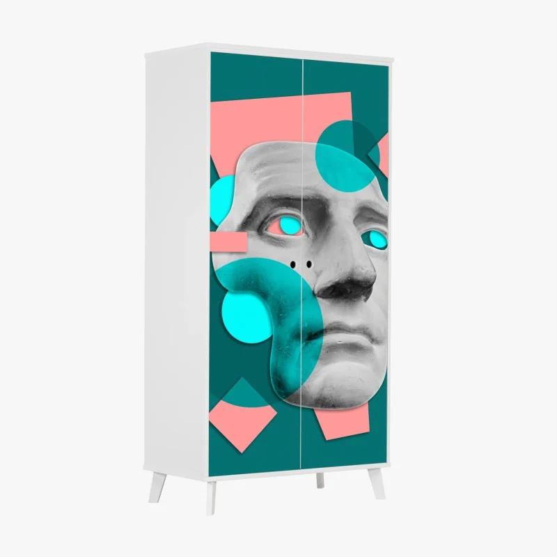 Wardrobe sticker abstract classical mask in teal and pink