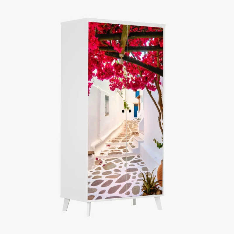 Wardrobe sticker sunlit Greek alley with bougainvillea