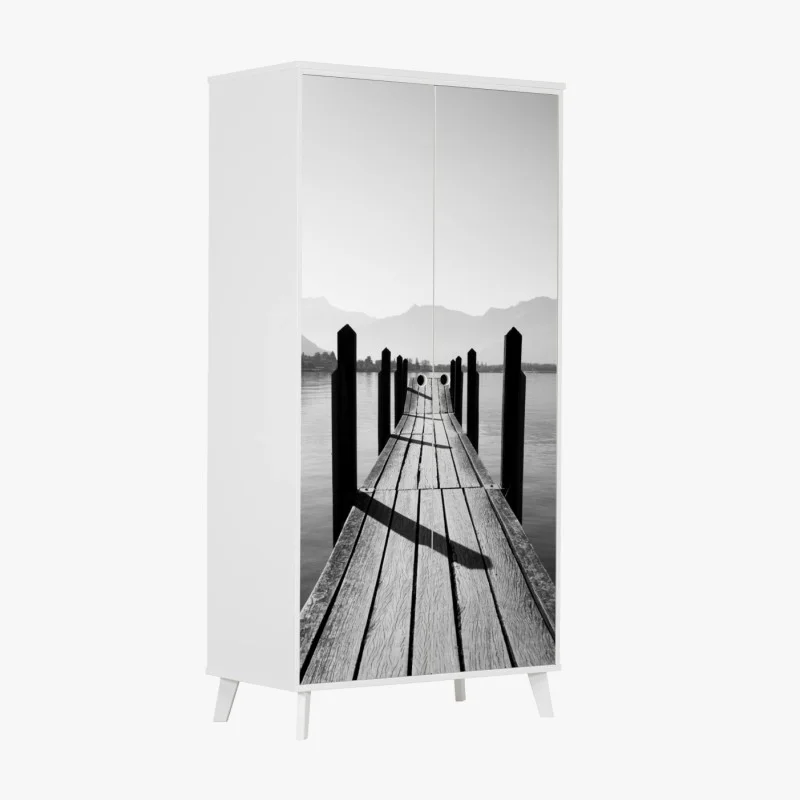 Wardrobe sticker serene lakeside pier in monochrome