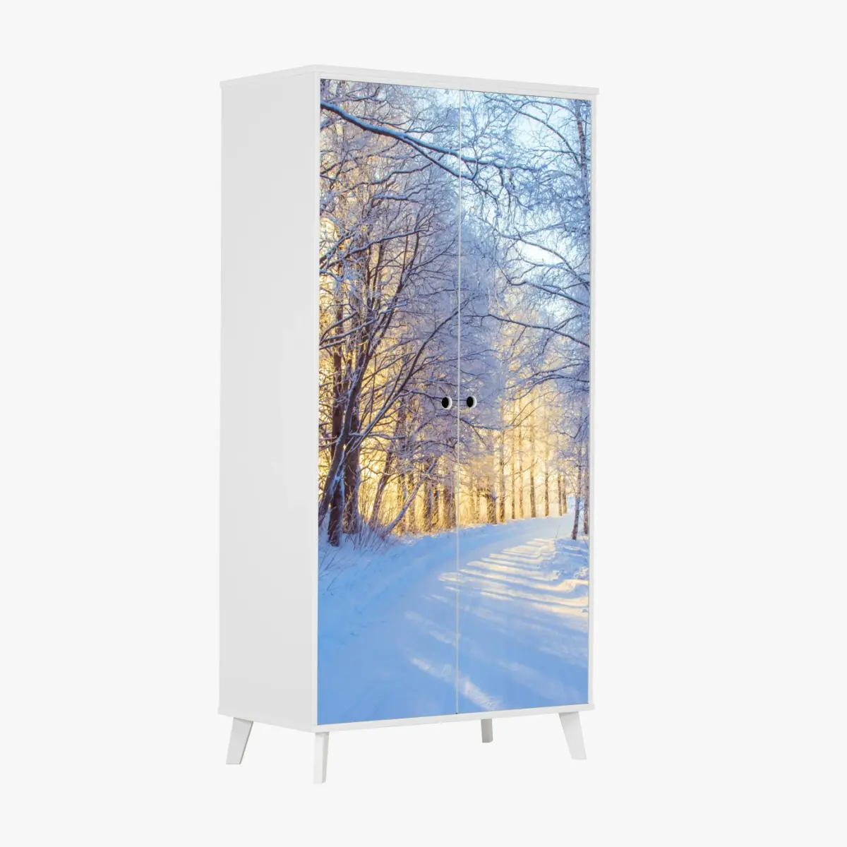 Wardrobe sticker winter birch forest pathway at sunrise ⁕ Wallissimo® Wardrobe sticker winter birch forest pathway at sunrise ⁕ Wallissimo®