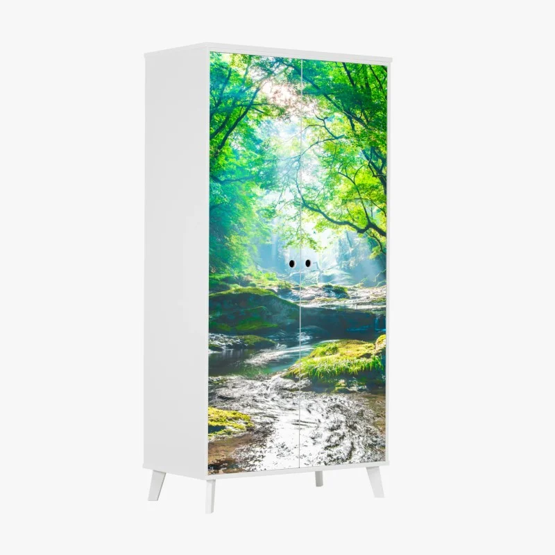 Wardrobe sticker sunlit forest stream with mossy rocks