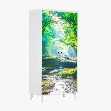 Wardrobe sticker sunlit forest stream with mossy rocks • Wallissimo®
