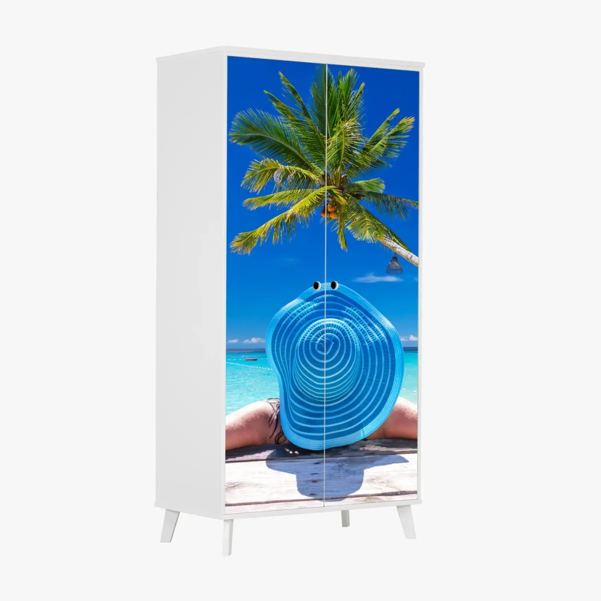 Wardrobe sticker tropical beach relaxation with blue sun hat • Wallissimo® Wardrobe sticker tropical beach relaxation with blue sun hat • Wallissimo®