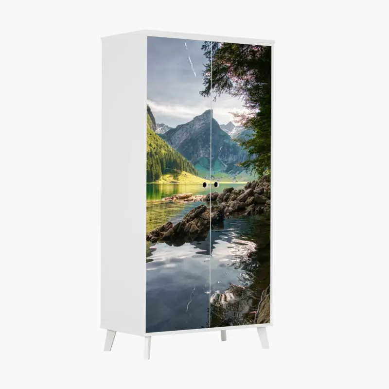 Wardrobe sticker serene mountain lake with forest reflections