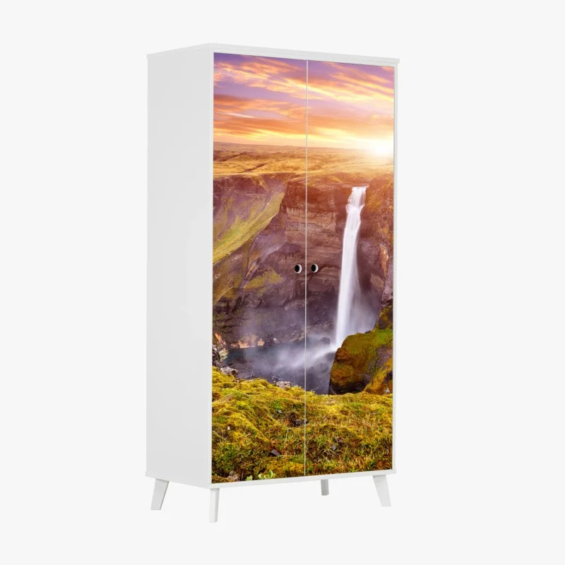 Wardrobe sticker Haifoss waterfall sunset panorama