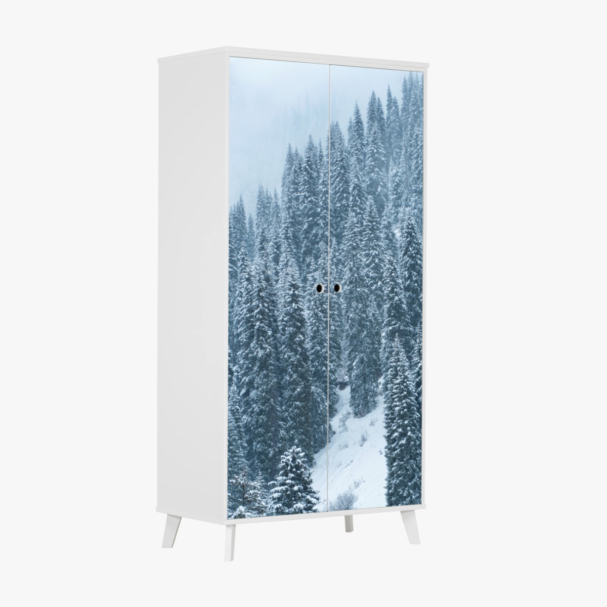 Wardrobe sticker misty snow-covered pine forest • Wallissimo® Wardrobe sticker misty snow-covered pine forest • Wallissimo®