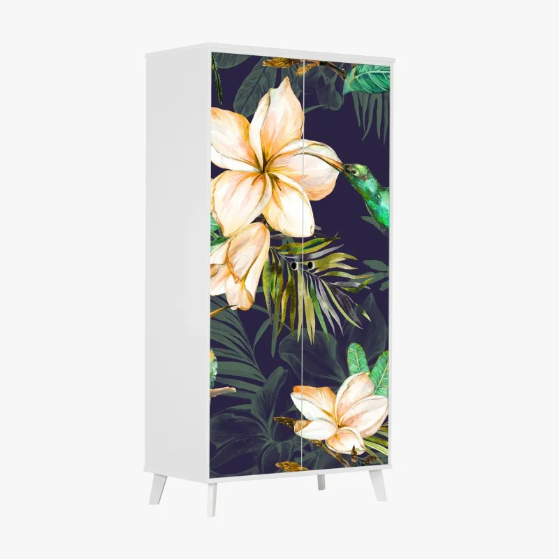 Wardrobe sticker tropical hummingbirds and plumeria watercolor pattern